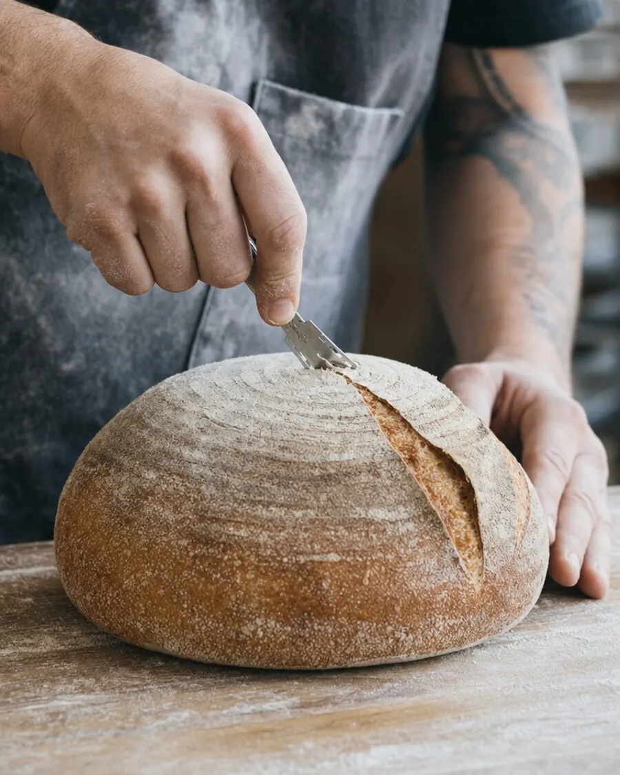 Sourdough loaf being scored
