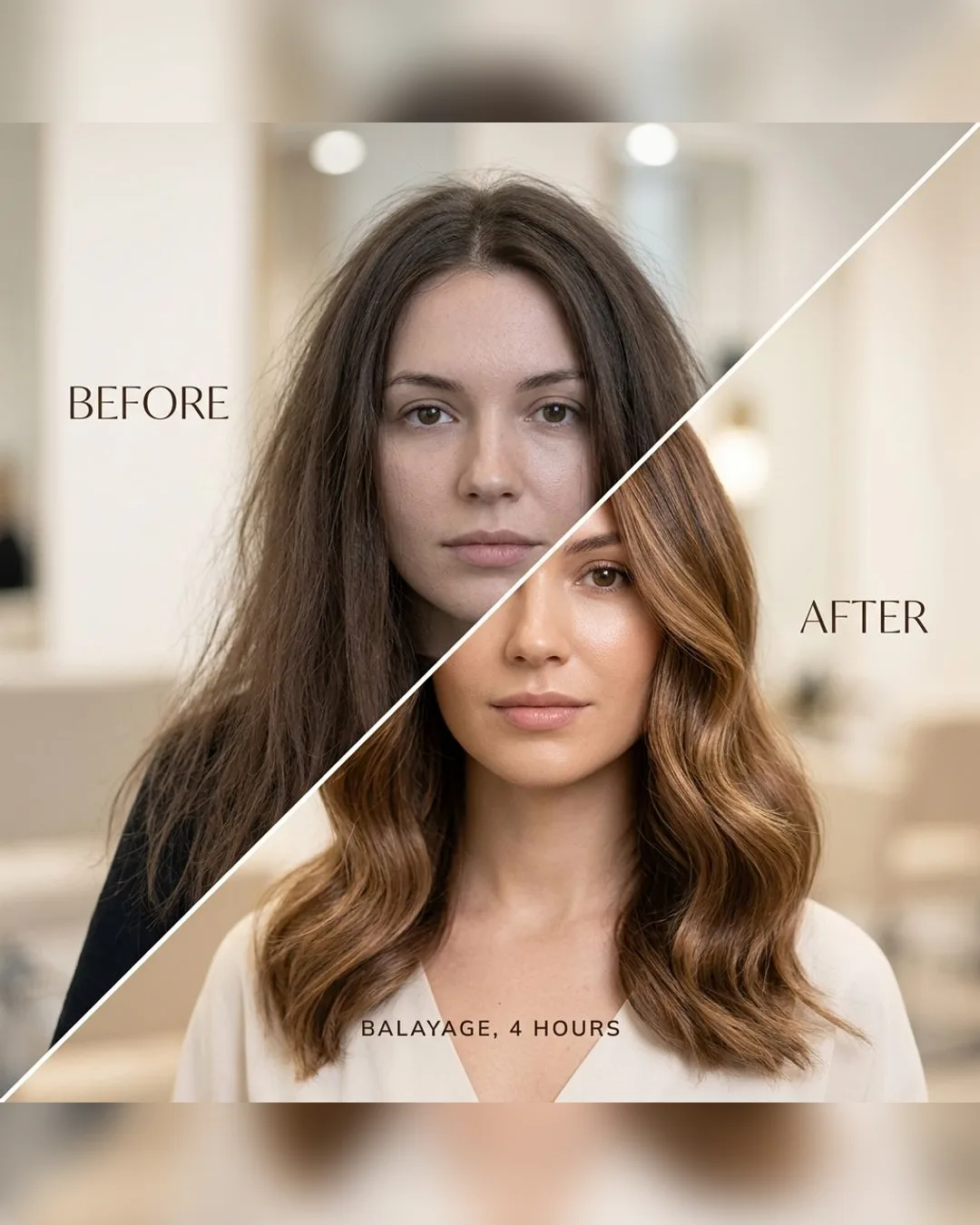 Before and after of a four-hour balayage
